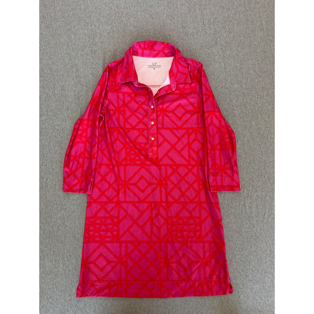 Vineyard Vines Womens Pink Red Geometric Lattice Dress Long Sleeve M 2Q010386
